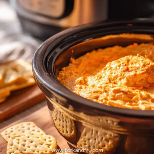 creamy buffalo chicken dip in slow cooker surrounded by crackers and shredded cheese