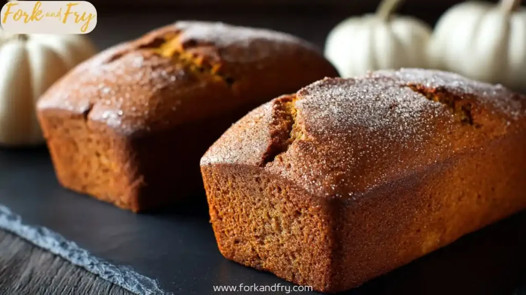 Mini pumpkin bread loaves dusted with sugar on slate board with soft background of white pumpkins