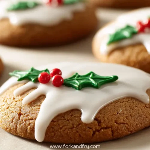 soft gingerbread cookies topped with white icing and festive holly decorations