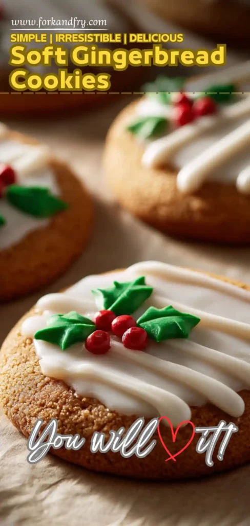 Soft Gingerbread Cookies with Festive Holly Icing festive soft gingerbread cookie with white icing, green holly leaves, and red candy berries
