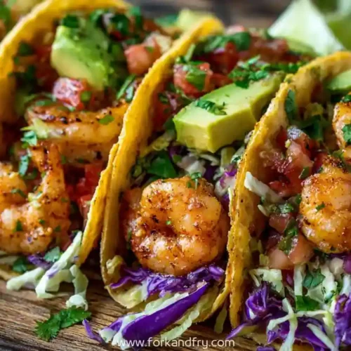 Spicy garlic shrimp tacos with avocado, slaw, lime wedges, and pico de gallo in crispy shells