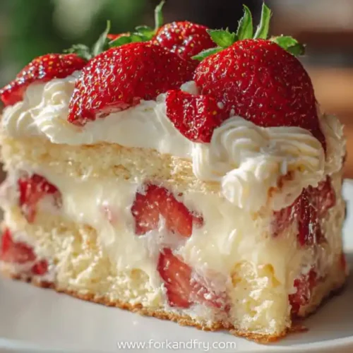 Slice of strawberry custard cake with fresh strawberries and whipped cream on a white plate