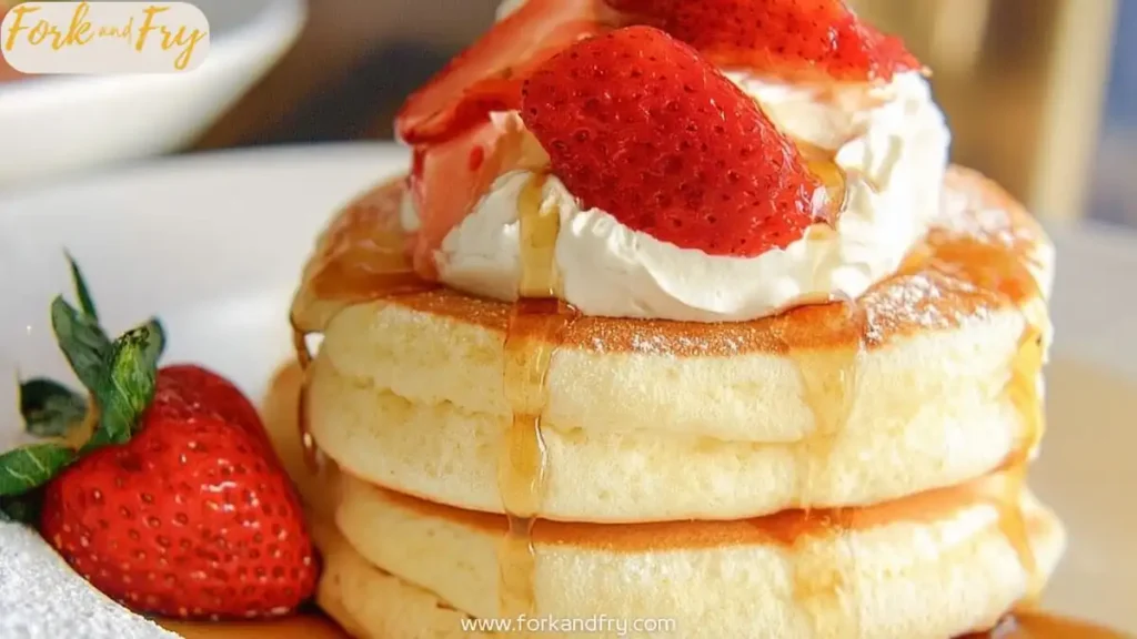 Fluffy Japanese soufflé pancakes stacked with whipped cream, syrup, and fresh strawberries