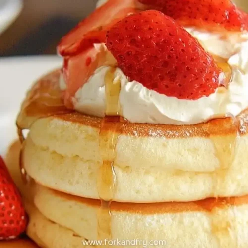 Fluffy Japanese soufflé pancakes stacked with whipped cream, syrup, and fresh strawberries