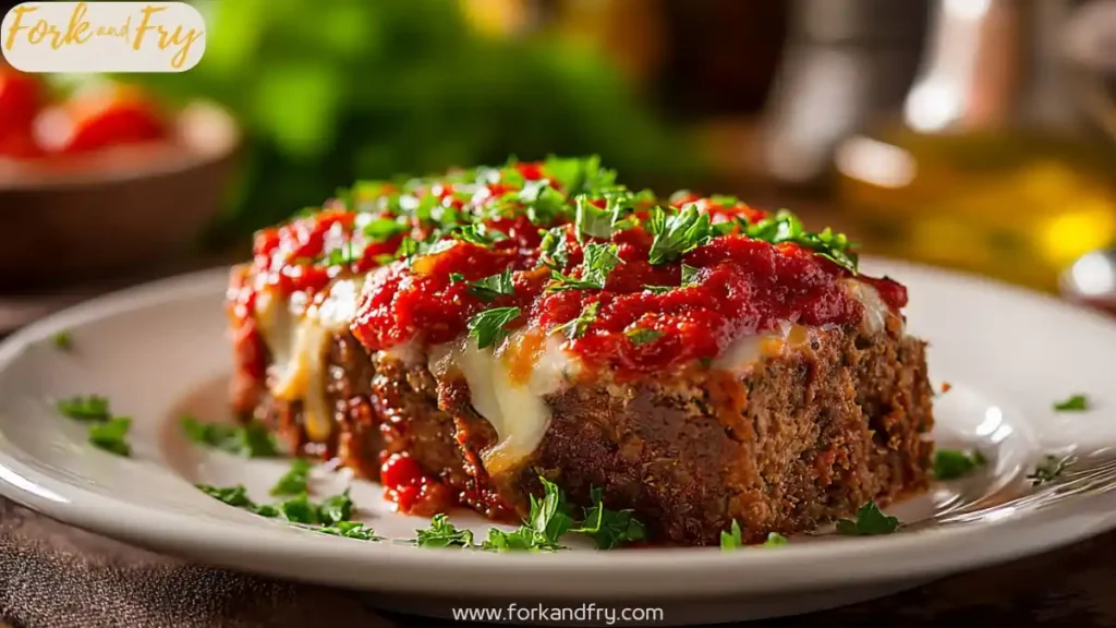 Slice of stuffed Italian meatloaf topped with marinara sauce, melted cheese, and fresh parsley on a white plate