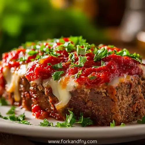 Slice of stuffed Italian meatloaf topped with marinara sauce, melted cheese, and fresh parsley on a white plate