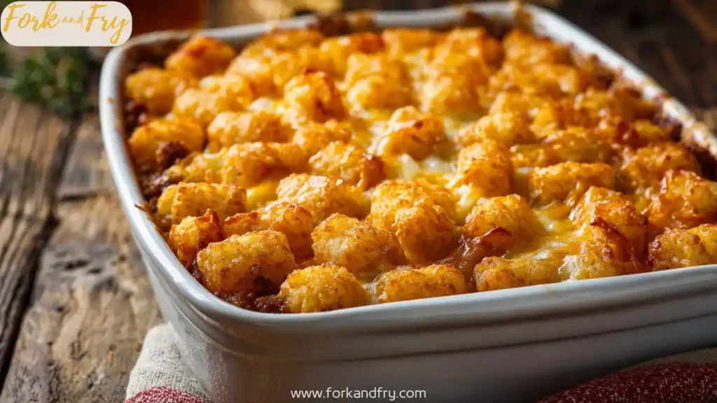 cheesy baked tater tot casserole with sausage in white dish on rustic wood table