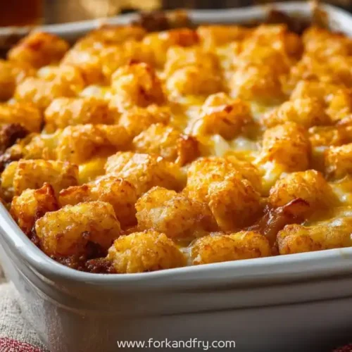 cheesy baked tater tot casserole with sausage in white dish on rustic wood table