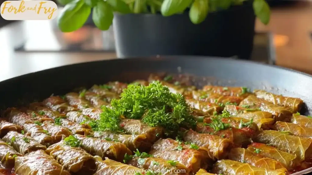 Stuffed Turkish-style cabbage rolls cooked in tomato sauce, garnished with fresh parsley in a black pan