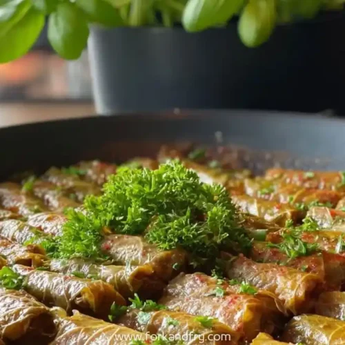Stuffed Turkish-style cabbage rolls cooked in tomato sauce, garnished with fresh parsley in a black pan