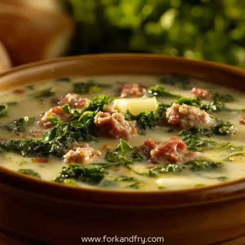 creamy tuscan sausage and kale soup in rustic bowl with fresh bread and parsley