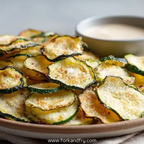 plate of crispy oven baked zucchini chips with flaky sea salt and dipping sauce