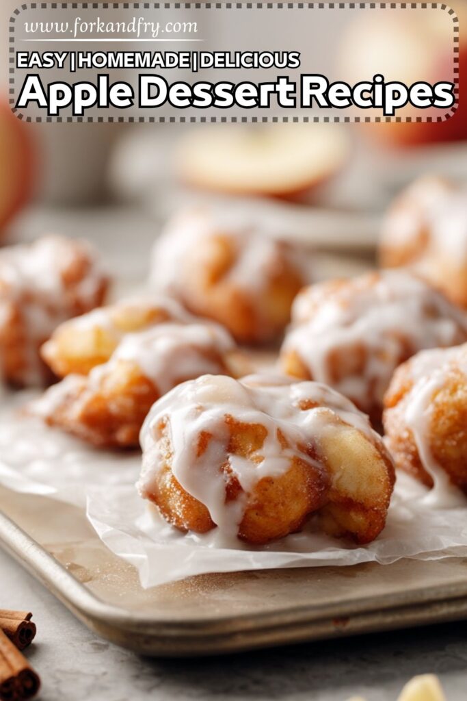 Glazed apple fritter rings with cinnamon sticks and apple slices on parchment paper