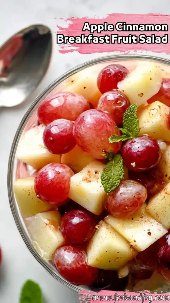 apple and grape fruit salad with cinnamon and fresh mint in a glass bowl