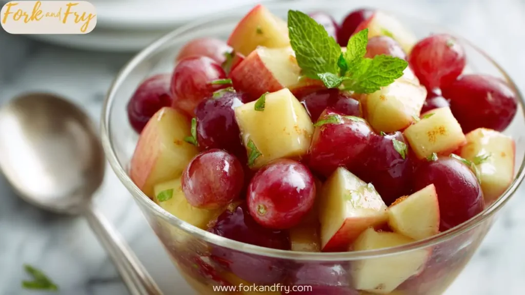 fresh apple and grape fruit salad with cinnamon and mint in a glass bowl