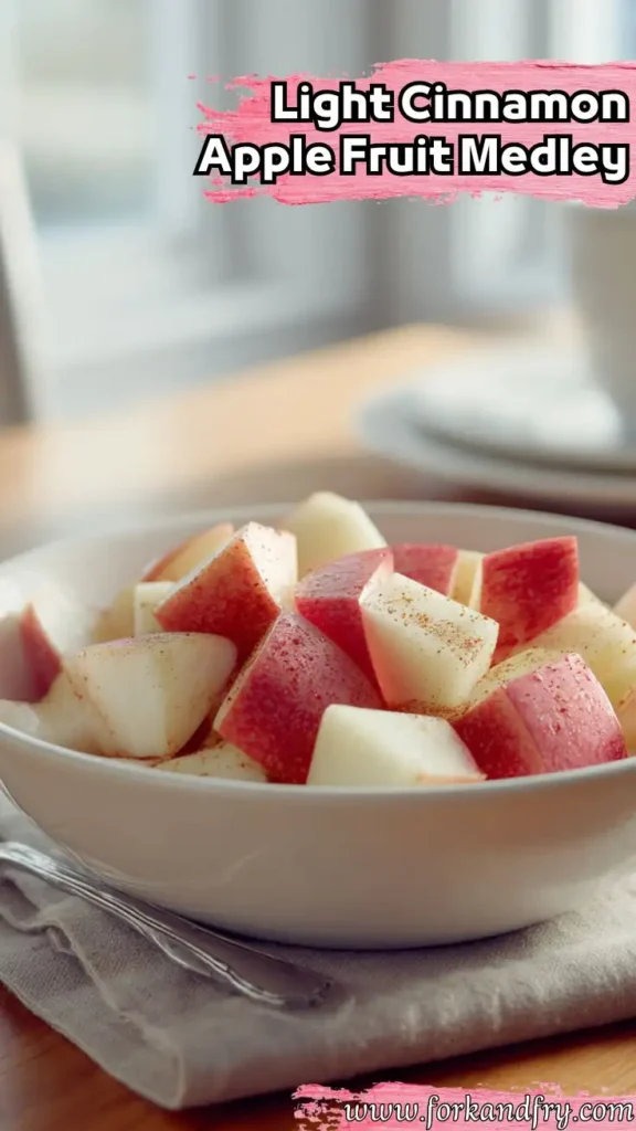 Cinnamon-dusted apple chunks in a white bowl with overlay text and website branding