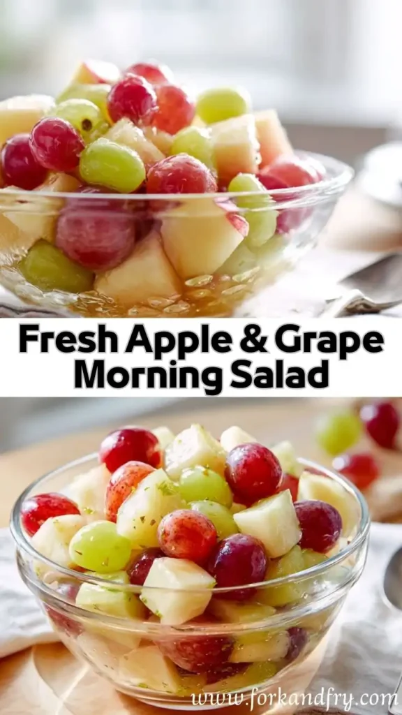 Apple and Grape Salad with Fresh Morning Energy Bowl of apple and grape salad with bold text overlay and fresh fruit chunks in bright kitchen light