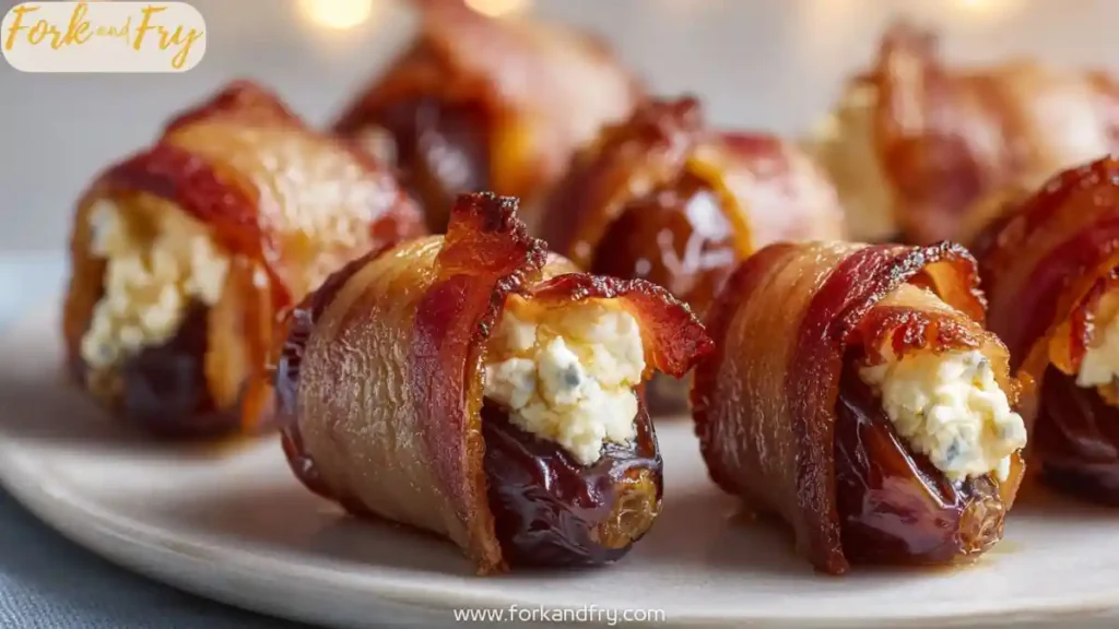 Turkey bacon wrapped dates stuffed with whipped cream cheese served on white platter