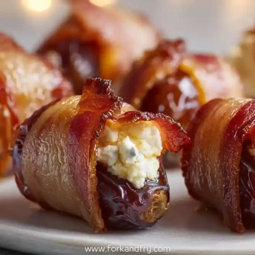 Turkey bacon wrapped dates stuffed with whipped cream cheese served on white platter