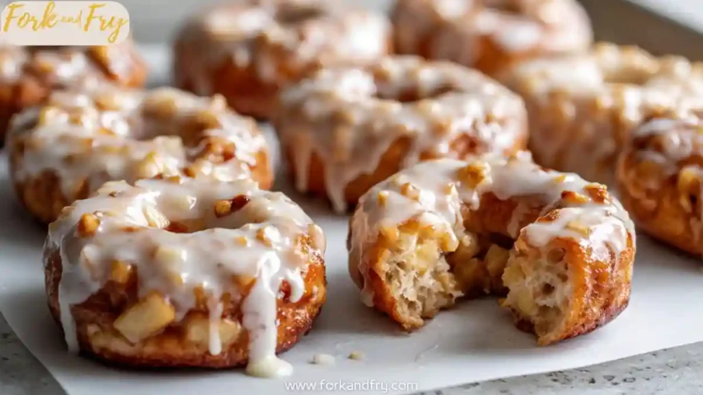 Glazed baked apple fritters with chopped apples on parchment paper