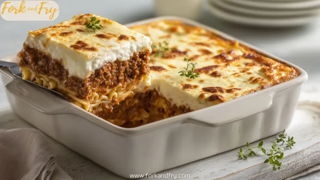 layered meatloaf pasta bake with béchamel topping served in white baking dish