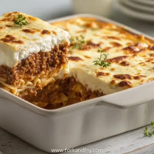layered meatloaf pasta bake with béchamel topping served in white baking dish