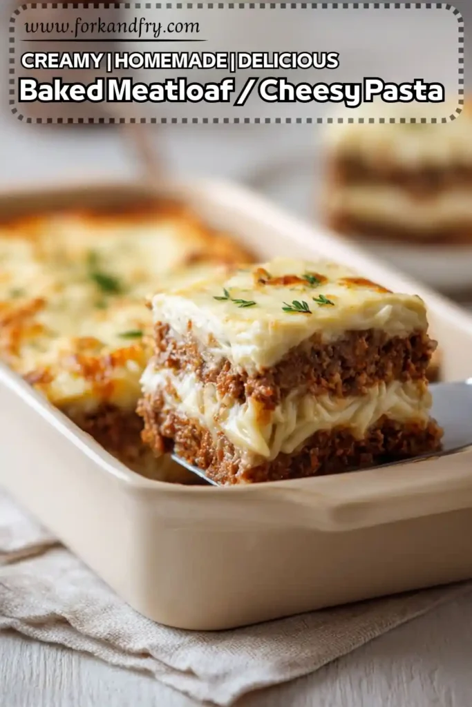 Creamy Baked Meatloaf with Cheesy Pasta Layers slice of baked meatloaf with creamy cheesy pasta and herbs in beige ceramic dish