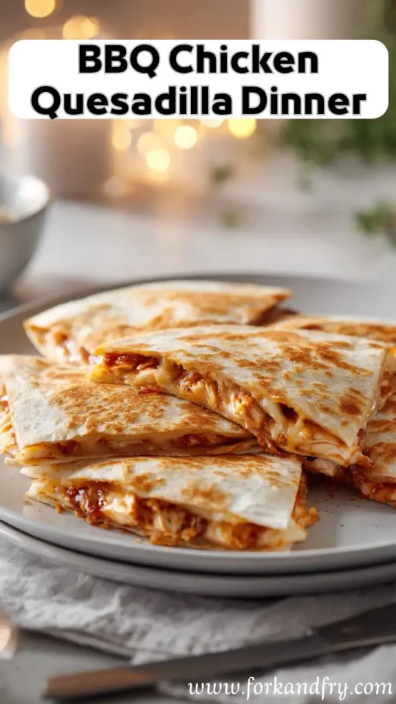 BBQ Chicken Quesadilla Dinner – Family-Friendly Favorite stacked bbq chicken quesadillas on plate with warm lighting and bold dinner title