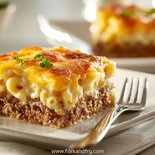 baked slice of beef meatloaf topped with macaroni and melted cheese on white plate