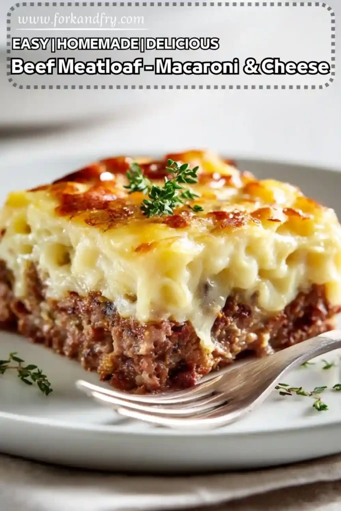 Beef Meatloaf with Creamy Mac and Cheese Topping closeup of beef meatloaf topped with gooey macaroni and cheese on plate with herbs