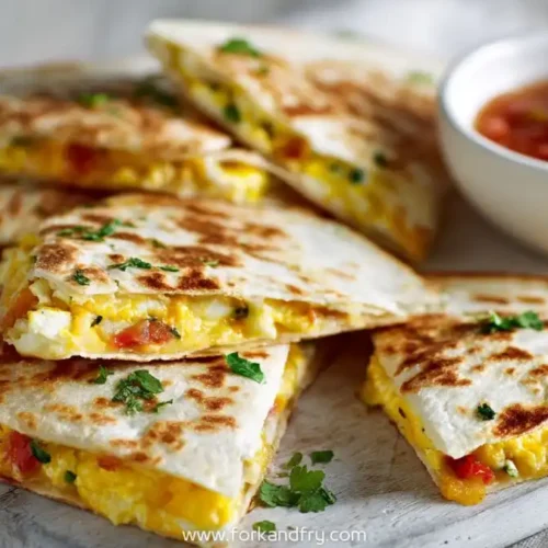 Grilled breakfast quesadillas filled with scrambled eggs, cheese and herbs served with salsa