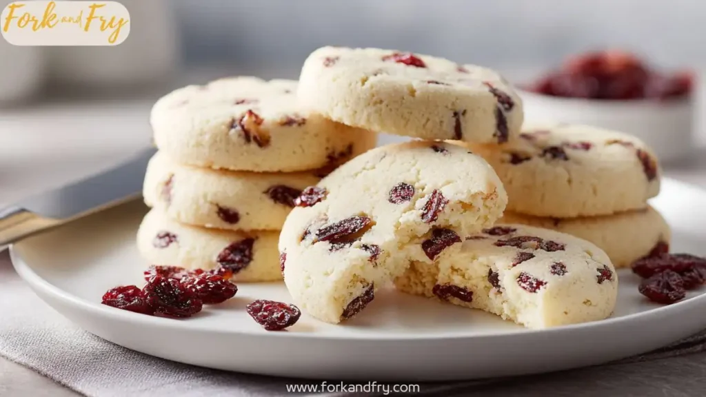 buttery cranberry shortbread cookies stacked on plate with one broken cookie showing soft texture