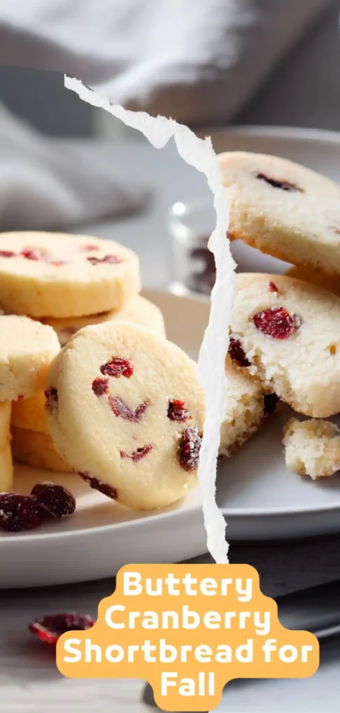 Buttery Cranberry Shortbread Cookies Made for Fall Baking buttery cranberry shortbread cookies shown with crumbly bite and stacked presentation on white plate