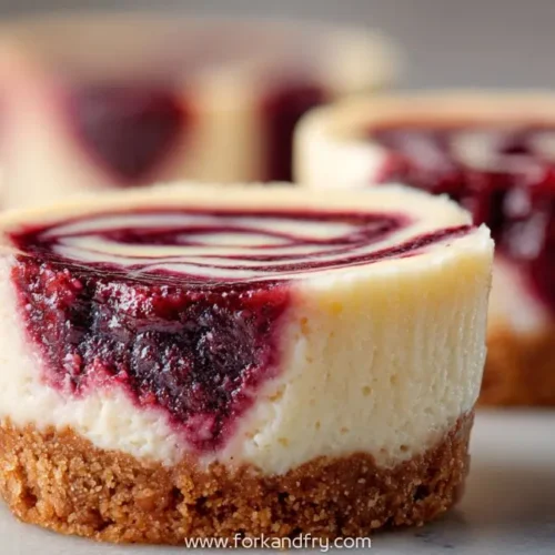 Mini cheesecake cups with graham crust and vibrant berry swirl on top