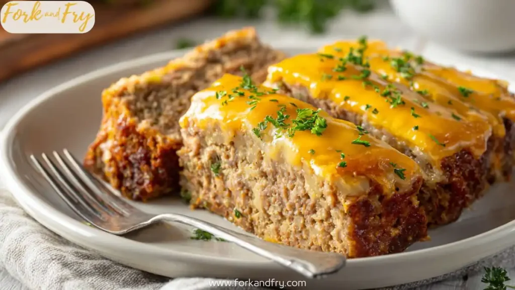 slices of oven baked cheesy meatloaf topped with melted cheddar and herbs on plate