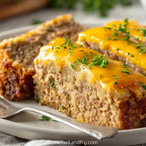 slices of oven baked cheesy meatloaf topped with melted cheddar and herbs on plate