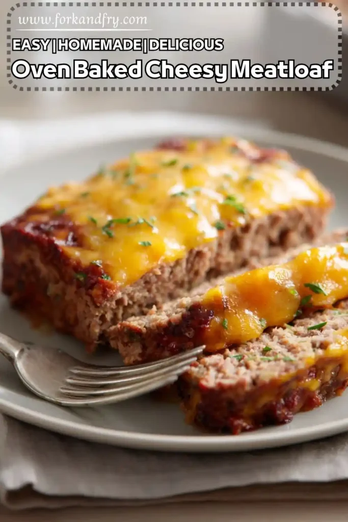fork cutting into cheesy oven baked meatloaf slice on white plate with herbs