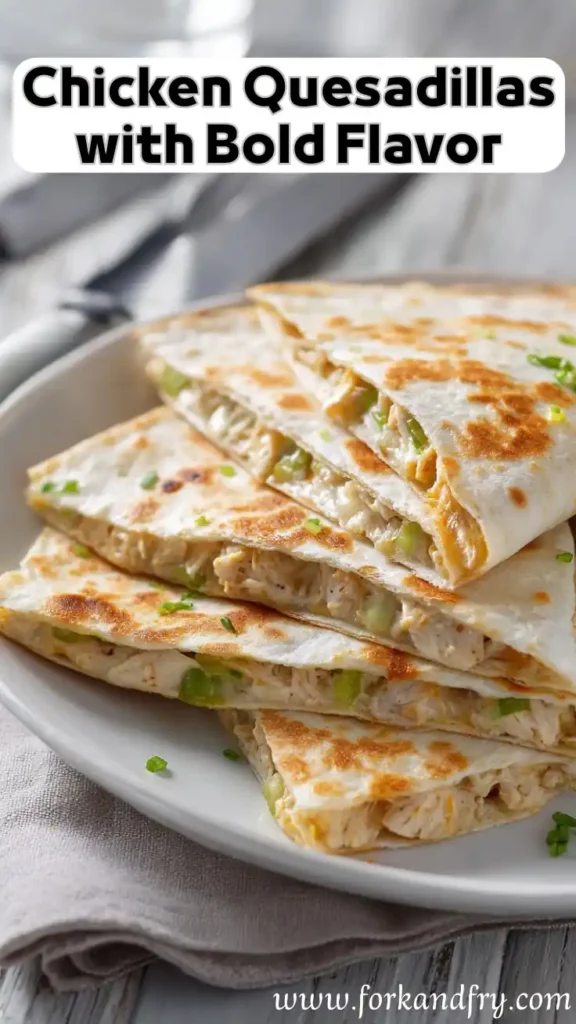 Chicken Quesadillas with Bold Flavor and Melty Cheese Stacked chicken quesadillas filled with melted cheese and diced green peppers on a white plate