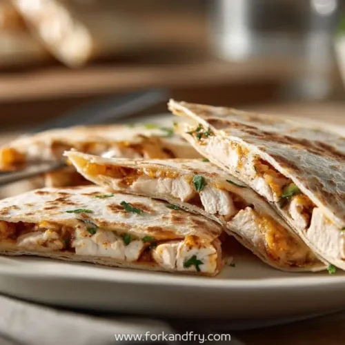 Sliced chicken quesadillas filled with melted cheese and herbs on a white plate