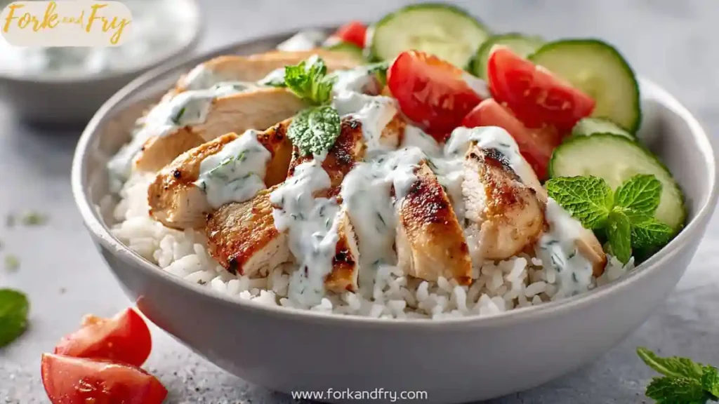 Grilled chicken with yogurt sauce over basmati rice, served with fresh cucumber and tomatoes