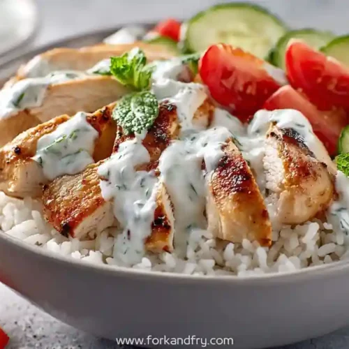 Grilled chicken with yogurt sauce over basmati rice, served with fresh cucumber and tomatoes