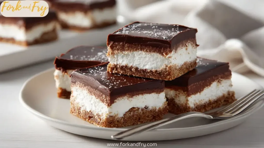 Layered chocolate marshmallow dessert squares with graham crust on a white plate