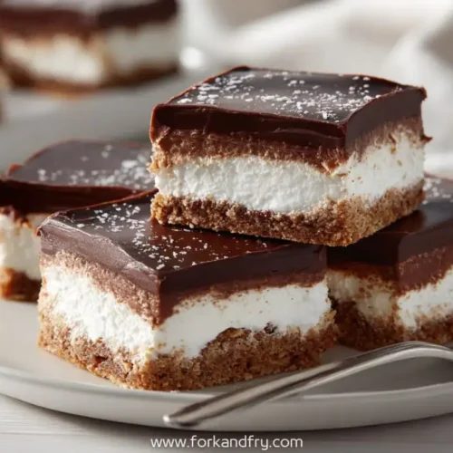 Layered chocolate marshmallow dessert squares with graham crust on a white plate
