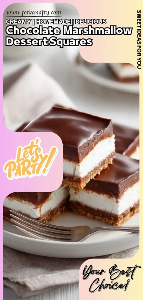 Chocolate Marshmallow Squares with Graham Crust for Homemade Treats Stacked chocolate marshmallow dessert squares with graham cracker base on a plate with a fork
