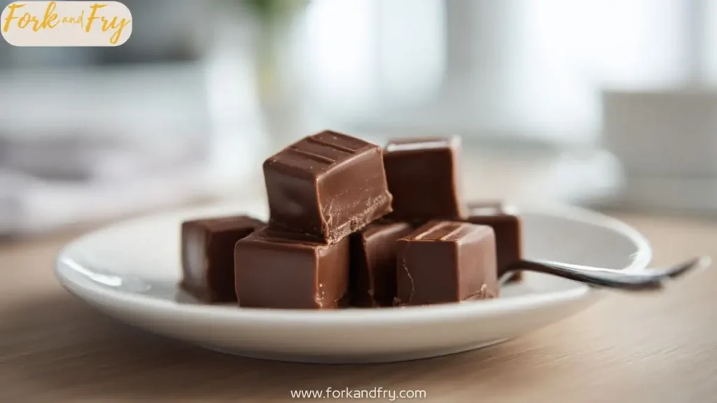 Stacked bite-sized chocolate marshmallow treats on a white plate with a fork