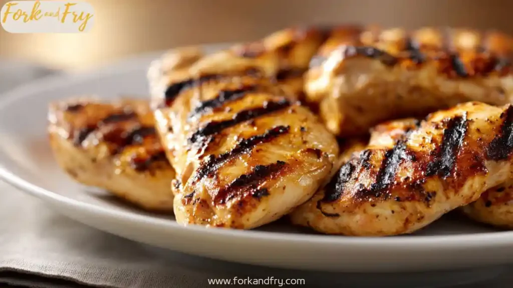 Close-up of grilled chicken breasts with citrus garlic seasoning on a white plate