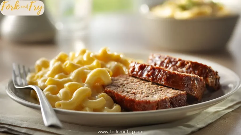 plate with classic meatloaf slices and creamy macaroni and cheese with fork