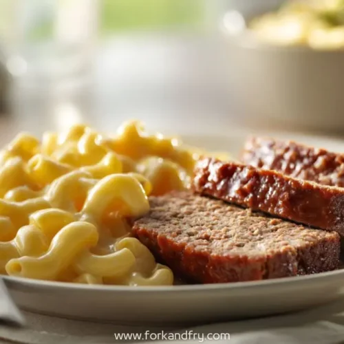 plate with classic meatloaf slices and creamy macaroni and cheese with fork