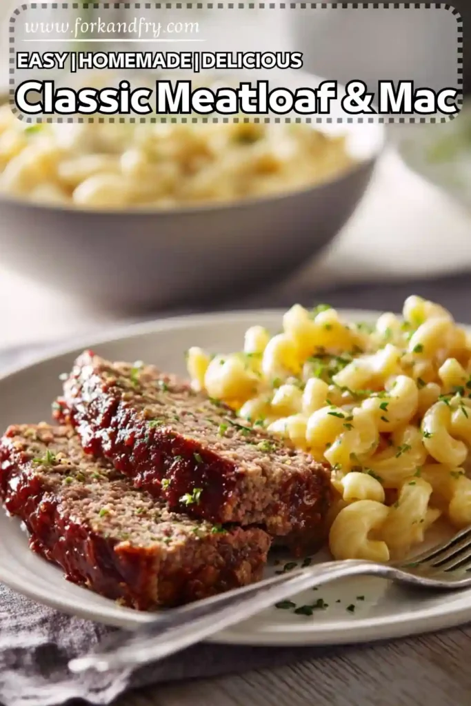 glazed classic meatloaf slices with creamy macaroni and cheese on white plate