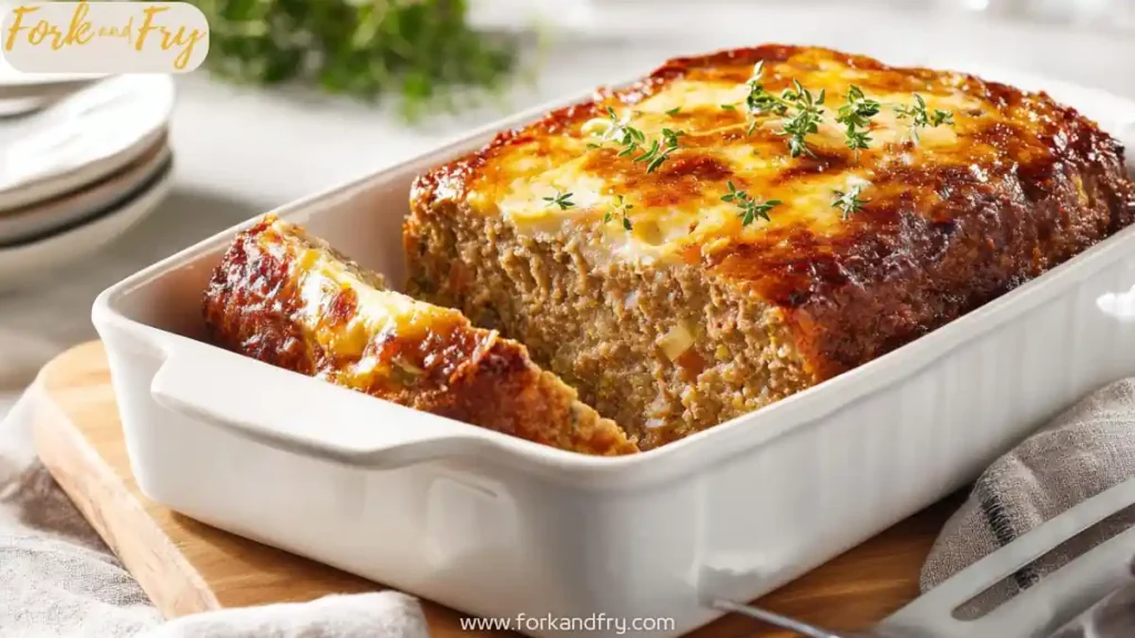 juicy baked meatloaf with golden cheese topping and herbs in white casserole dish